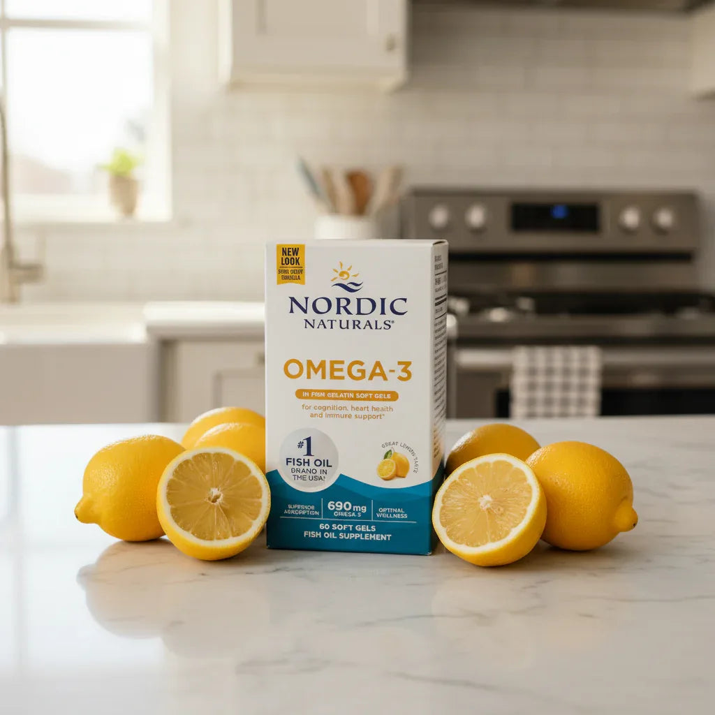 High-quality kitchen benchtop showcasing Nordic Naturals omega-3 fish oil supplement bottle with fresh lemons