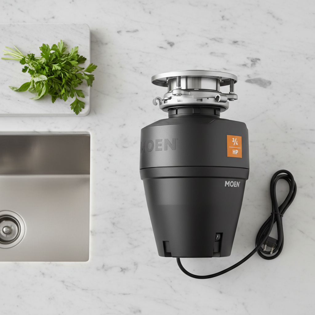 Moen Host EX75c garbage disposal on marble kitchen counter next to stainless sink and fresh herbs – More4less Outlet
