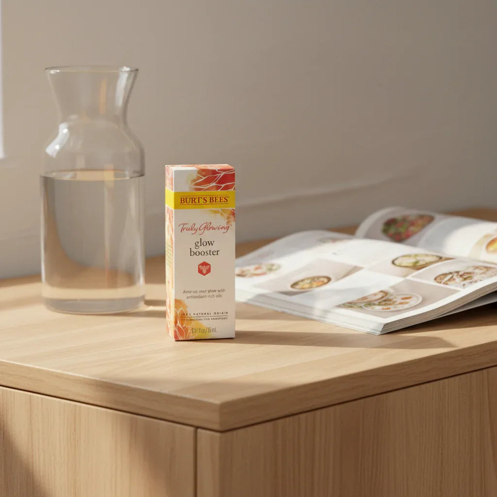 Burt's Bees Truly Glowing Glow Booster box on minimalist light-oak dressing table with clear glass carafe of water and open lifestyle magazine