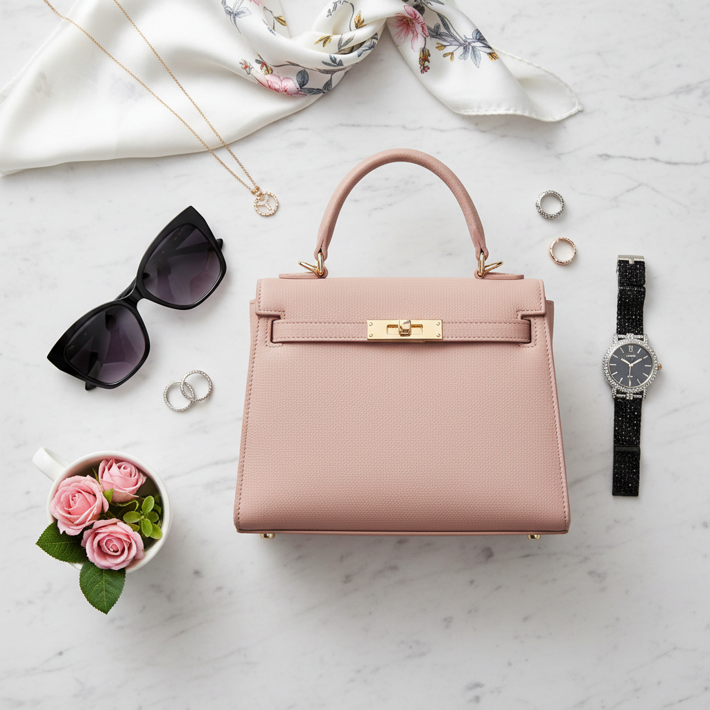Fashion flat-lay with pink handbag, sunglasses, and black rhinestone watch on marble