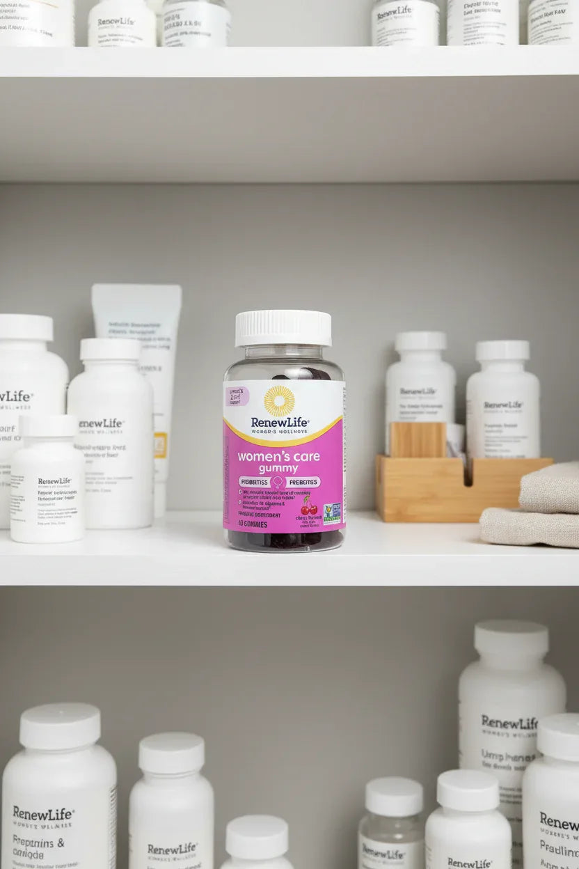 RenewLife Women's Care gummy bottle on organized modern medicine cabinet white shelves