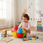 Toddler girl sitting on floor happily playing with colorful educational toy surprise egg in bright playroom setting