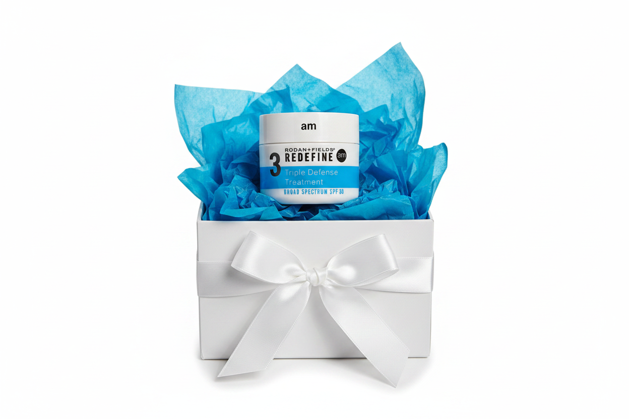 Rodan + Fields REDEFINE Triple Defense Treatment SPF 30 AM jar as luxury anti-aging skincare gift in white gift box with blue tissue paper and ribbon – More4less Outlet