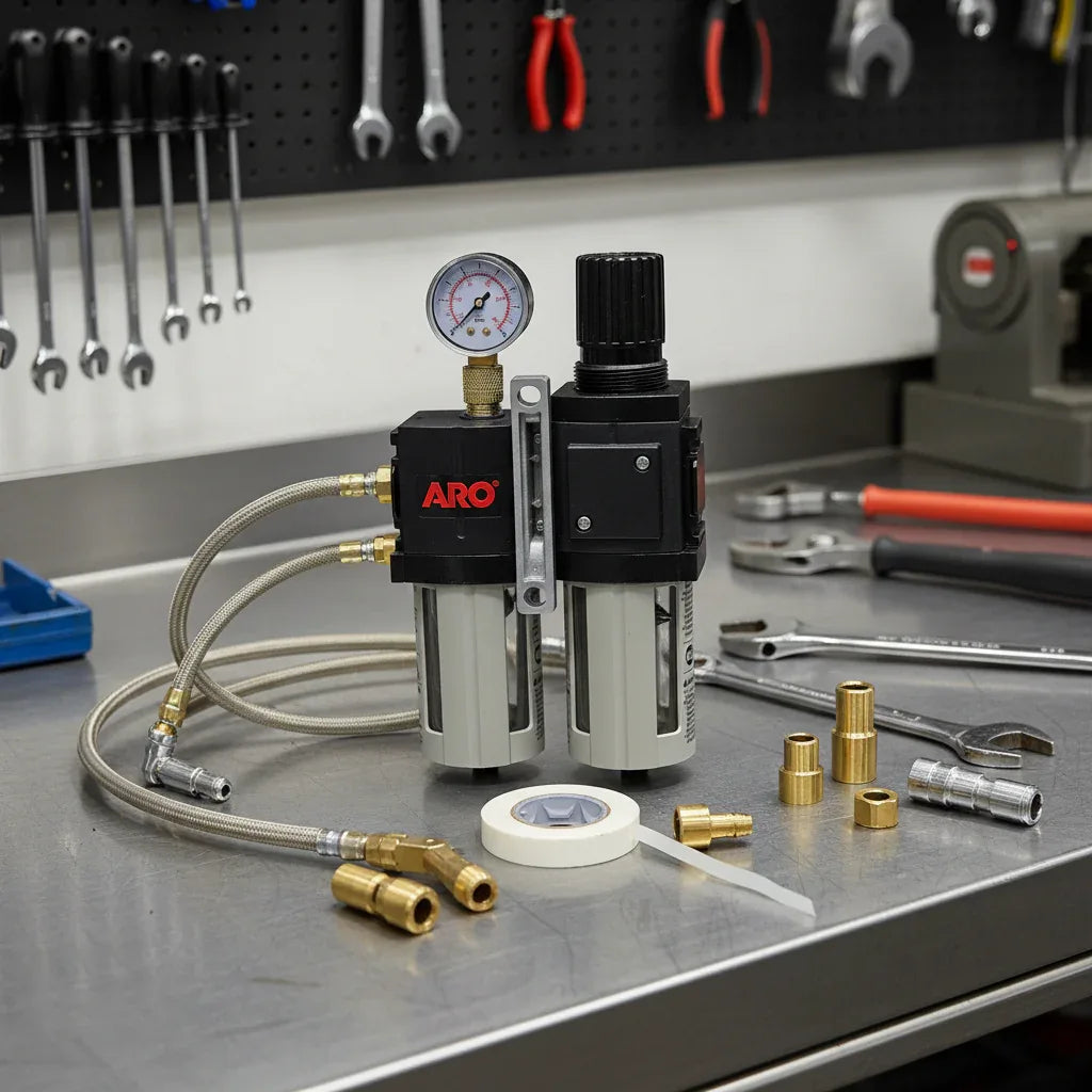 ARO C38231-600 FRL on industrial metal workbench with pneumatic fittings, Teflon tape, and wrenches for maintenance setup