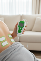 AccuRelief TENS device with electrode pads applied to person's lower back in home setting