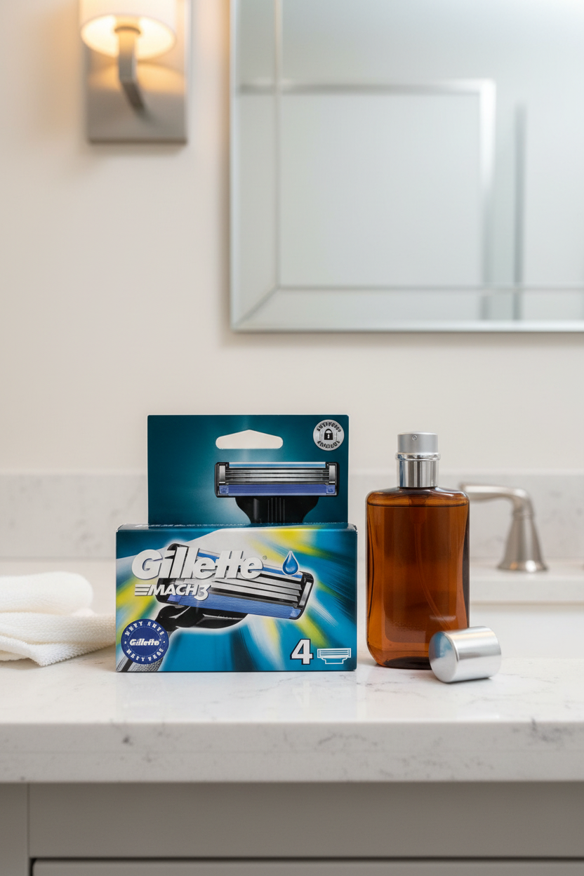 Gillette Mach3 4-pack razor refills on contemporary bathroom quartz vanity next to dark-glass aftershave bottle