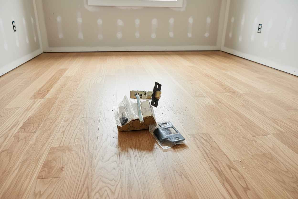 Baldwin 5510.102 knob latch assembly on wood surface in master bedroom with drill bit and mounting screws