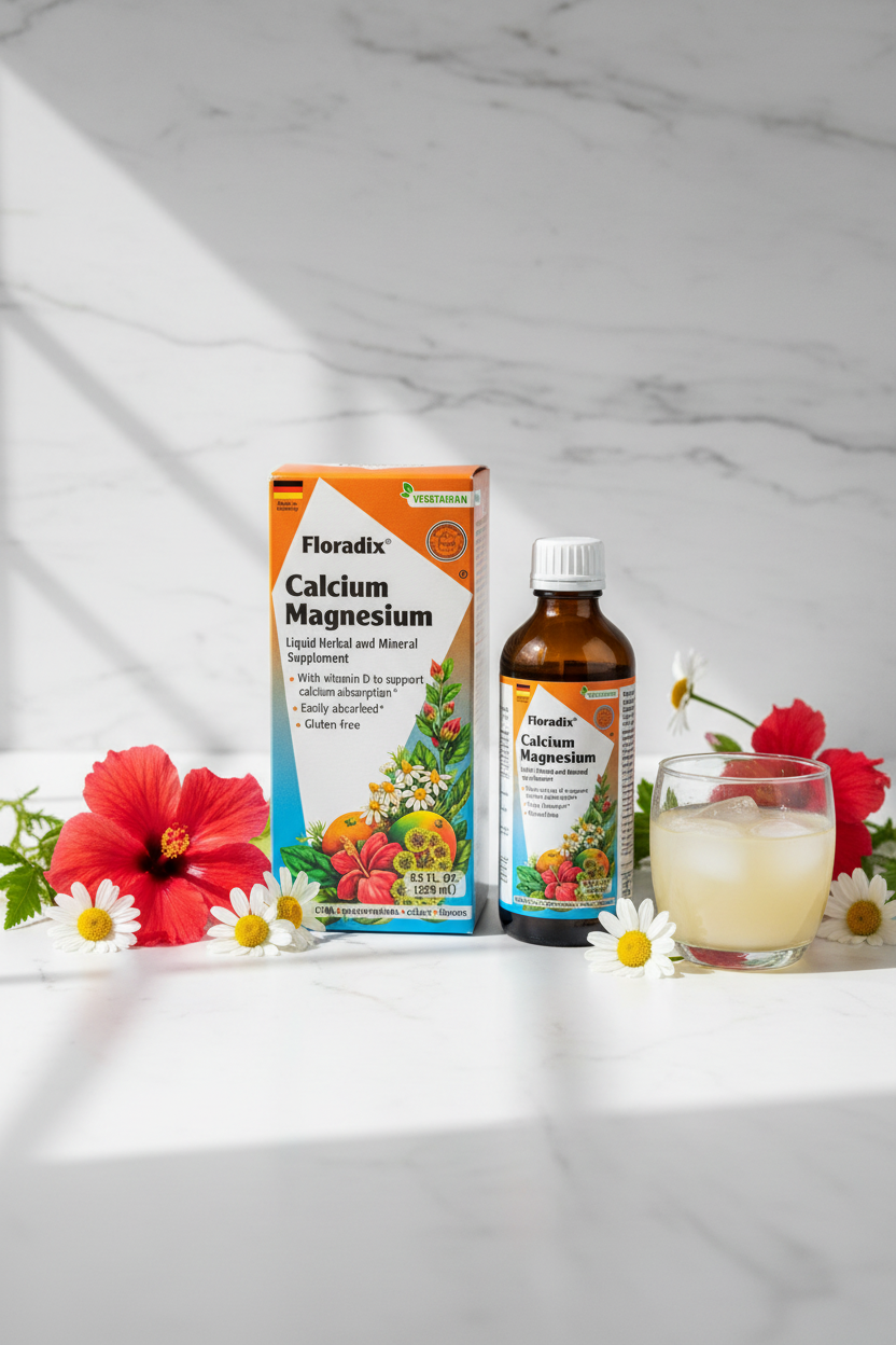 Floradix Calcium Magnesium Liquid Supplement 250ml retail box on a marble surface with chamomile flowers, hibiscus, and a small glass of liquid supplement – More4less Outlet