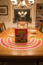 Apples to Apples game box on dining room table surrounded by red and green playing cards, warm family game night lighting — More4less Outlet