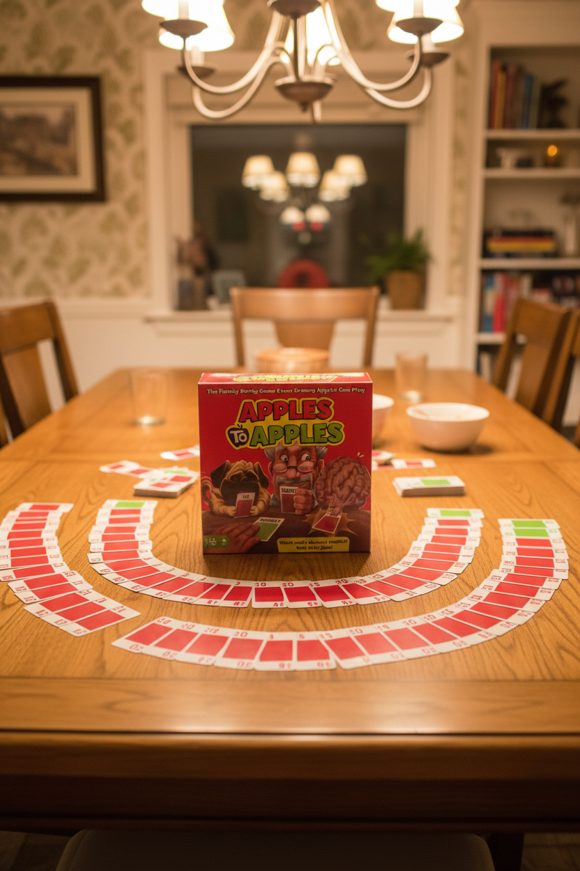 Apples to Apples game box on dining room table surrounded by red and green playing cards, warm family game night lighting — More4less Outlet