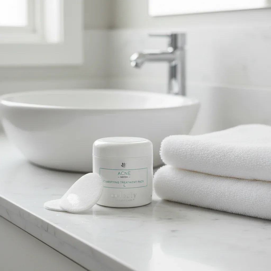 Organized bathroom vanity with exfoliating face pads and a folded soft white towel beside a white skincare canister