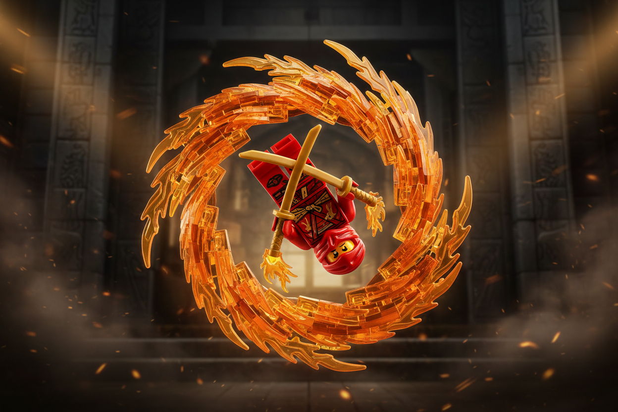 LEGO NINJAGO Kai minifigure mid-backflip surrounded by orange dragon fire energy cinematic hero shot – More4less Outlet