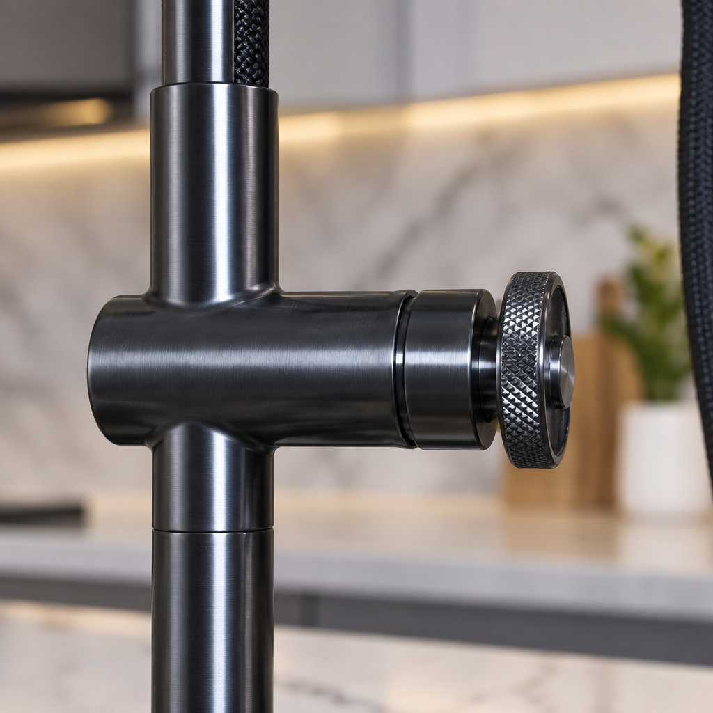 Close-up of the Kraus Urbix knurled wheel handle in black stainless steel