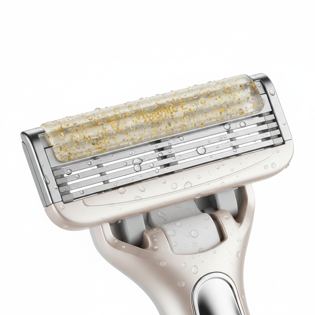 Close-up macro of premium 5-blade razor head with glistening Vitamin E moisture ribbon
