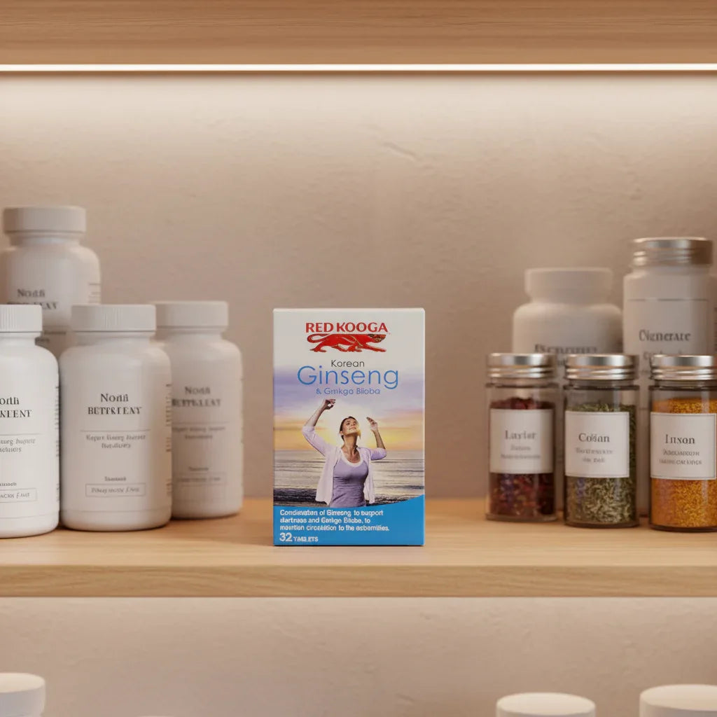 Red Kooga Korean Ginseng Ginkgo Biloba box inside organized home wellness cupboard with white supplement containers and glass jars under soft cabinet lighting