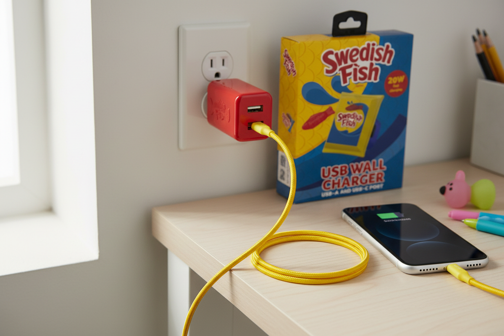 Colorful novelty USB wall charger plugged into wall outlet next to charging smartphone