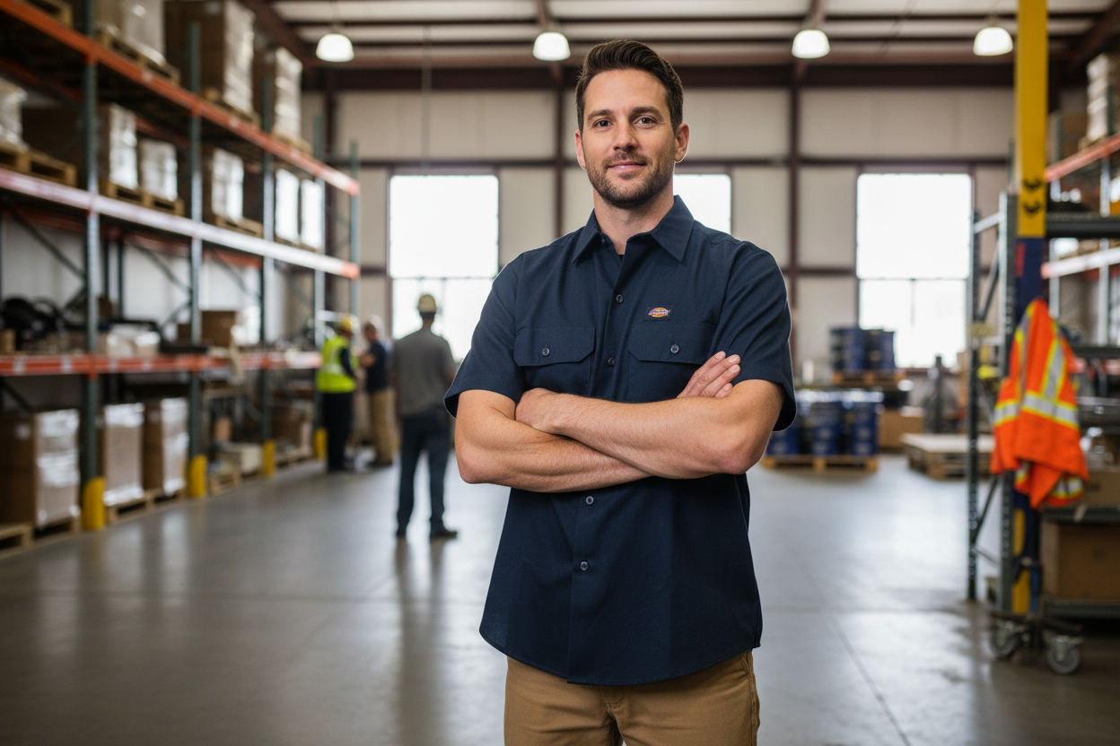 Dickies Original Fit Short Sleeve Work Shirt dark navy size M worn by male worker on job site – More4less Outlet