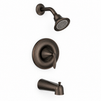 AI-styled rendering of the Moen Eva oil-rubbed bronze showerhead, trim, and tub spout viewed from above