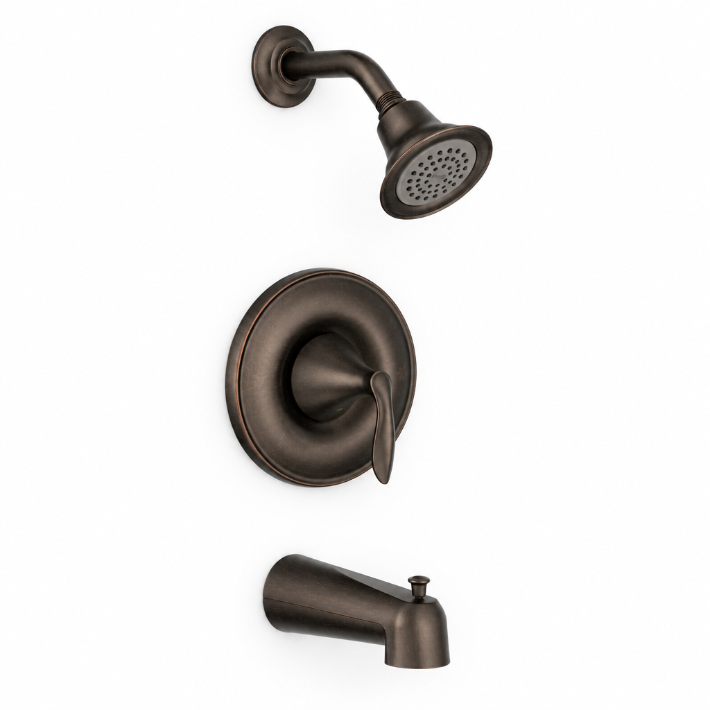 AI-styled rendering of the Moen Eva oil-rubbed bronze showerhead, trim, and tub spout viewed from above