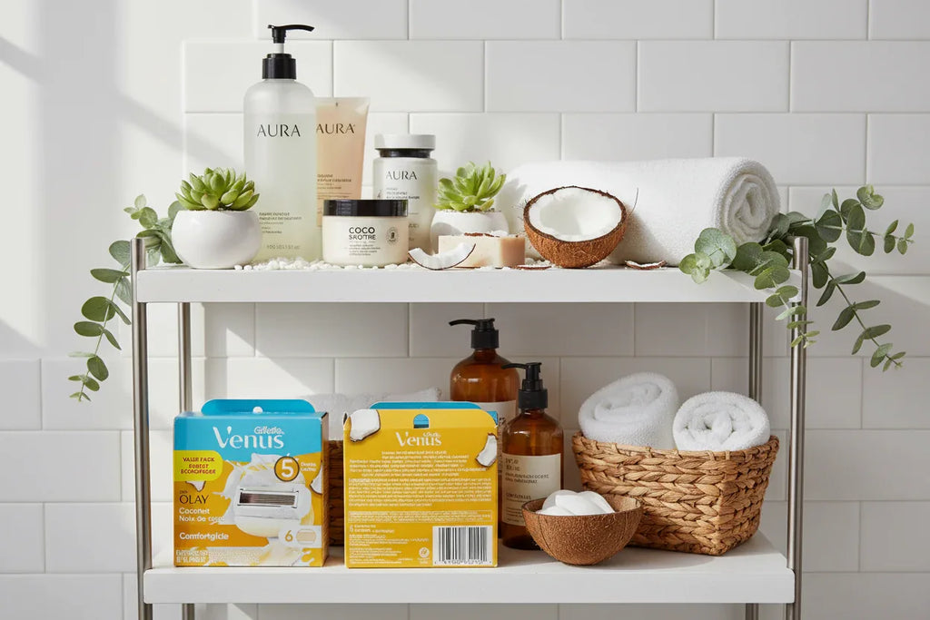 Aesthetic bathroom shelf with premium personal care items, fresh greenery and coconut accents