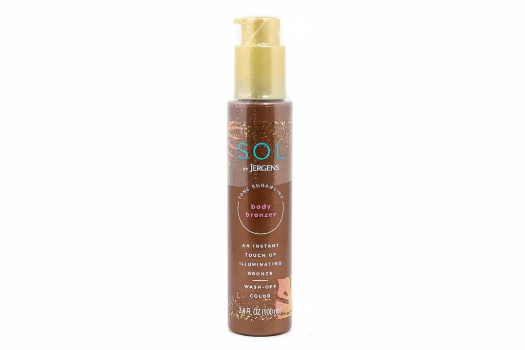 SOL by Jergens tone enhancing body bronzer pump bottle on white studio background