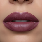 Close-up of perfectly applied semi-matte gel lipstick in a rich mauve-berry tone