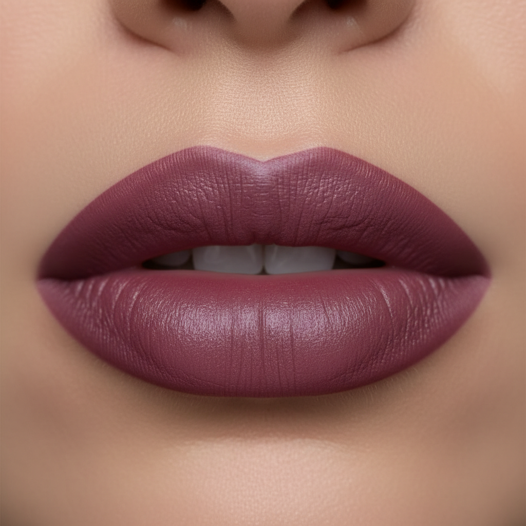 Close-up of perfectly applied semi-matte gel lipstick in a rich mauve-berry tone