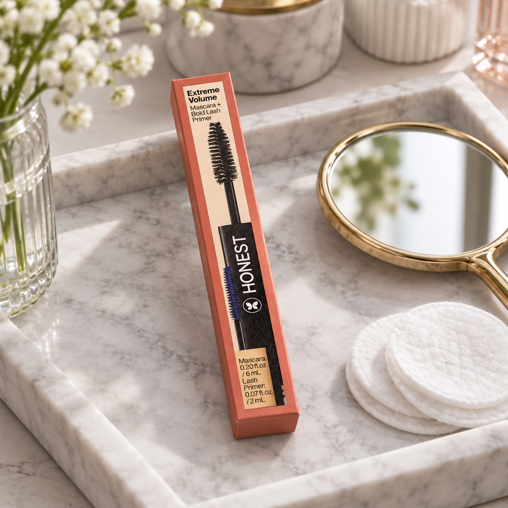 Honest Beauty Extreme Volume Mascara box on a marble tray with a hand mirror