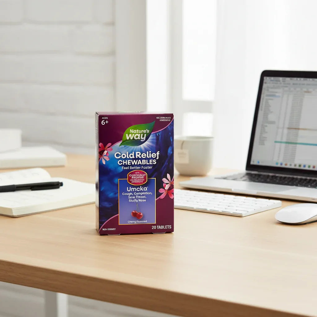 Nature's Way Umcka Cold Relief Cherry Chewables box on clean home office desk next to open notebook and organized computer workstation