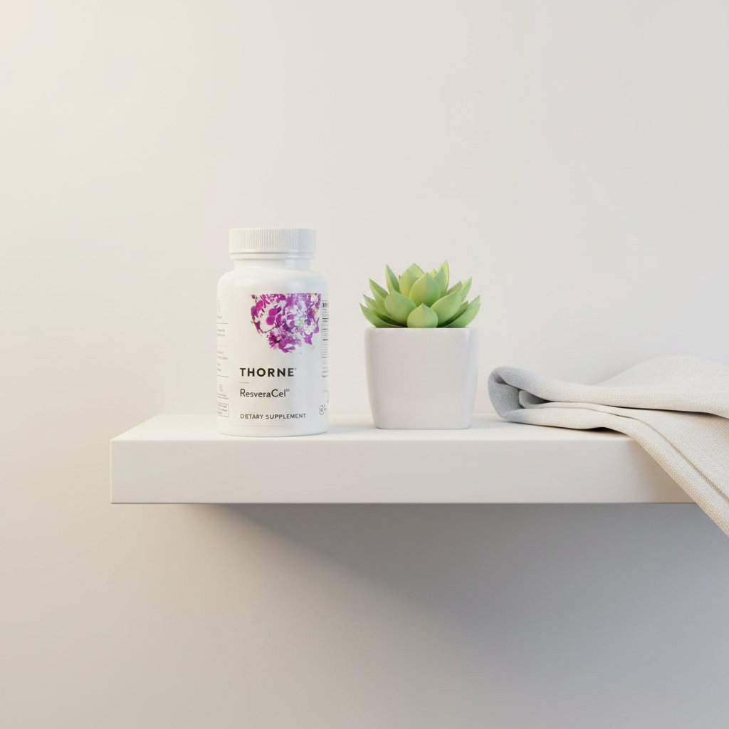 Thorne ResveraCel white bottle with purple watercolor design on minimalist shelf beside succulent plant and white linen cloth