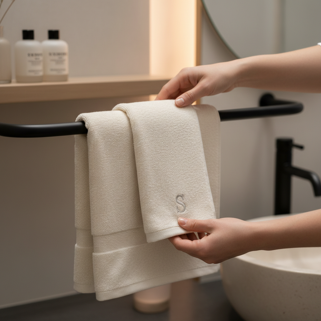 Hands hanging folded luxury linen towel on smooth matte black curved towel bar in spa setting