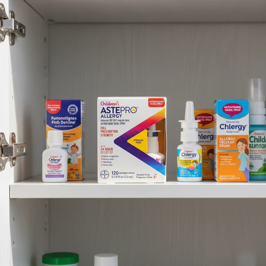 Children's ASTEPRO Allergy nasal spray in family medicine cabinet lifestyle image