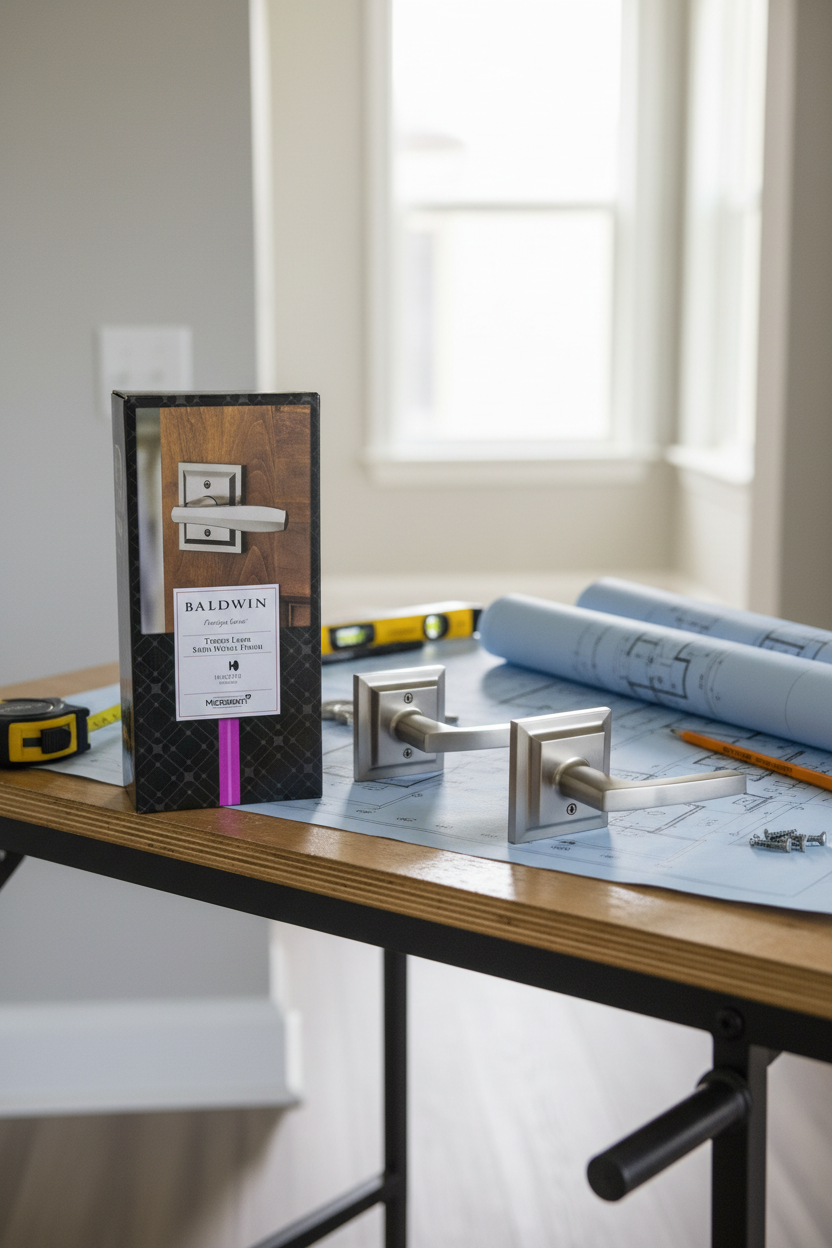 Baldwin Prestige Torrey Satin Nickel lever on contractor work table with architectural blueprints in home hallway