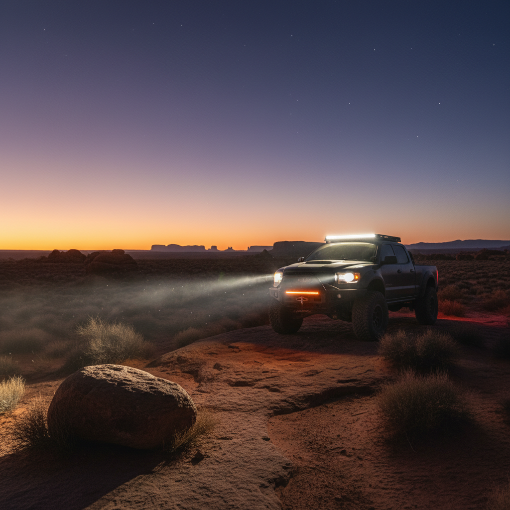 Alpena TrekTec Pod XL16-P LED flood light on lifted truck roof rack white flood beam accent bar rocky desert landscape dusk cinematic - More4less Outlet