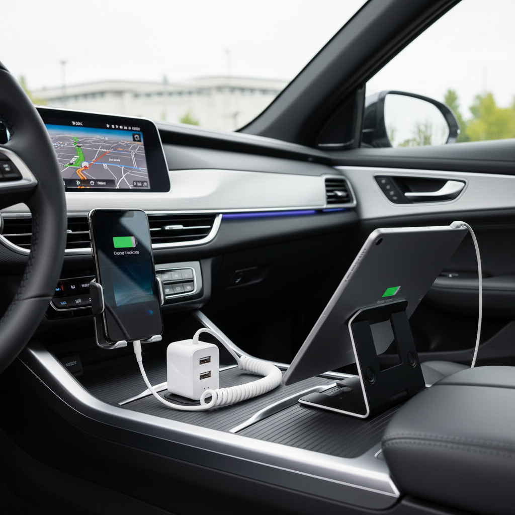 iPhone and iPad charging simultaneously via white Case Logic Dual USB Car Charger on car center console — More4less Outlet