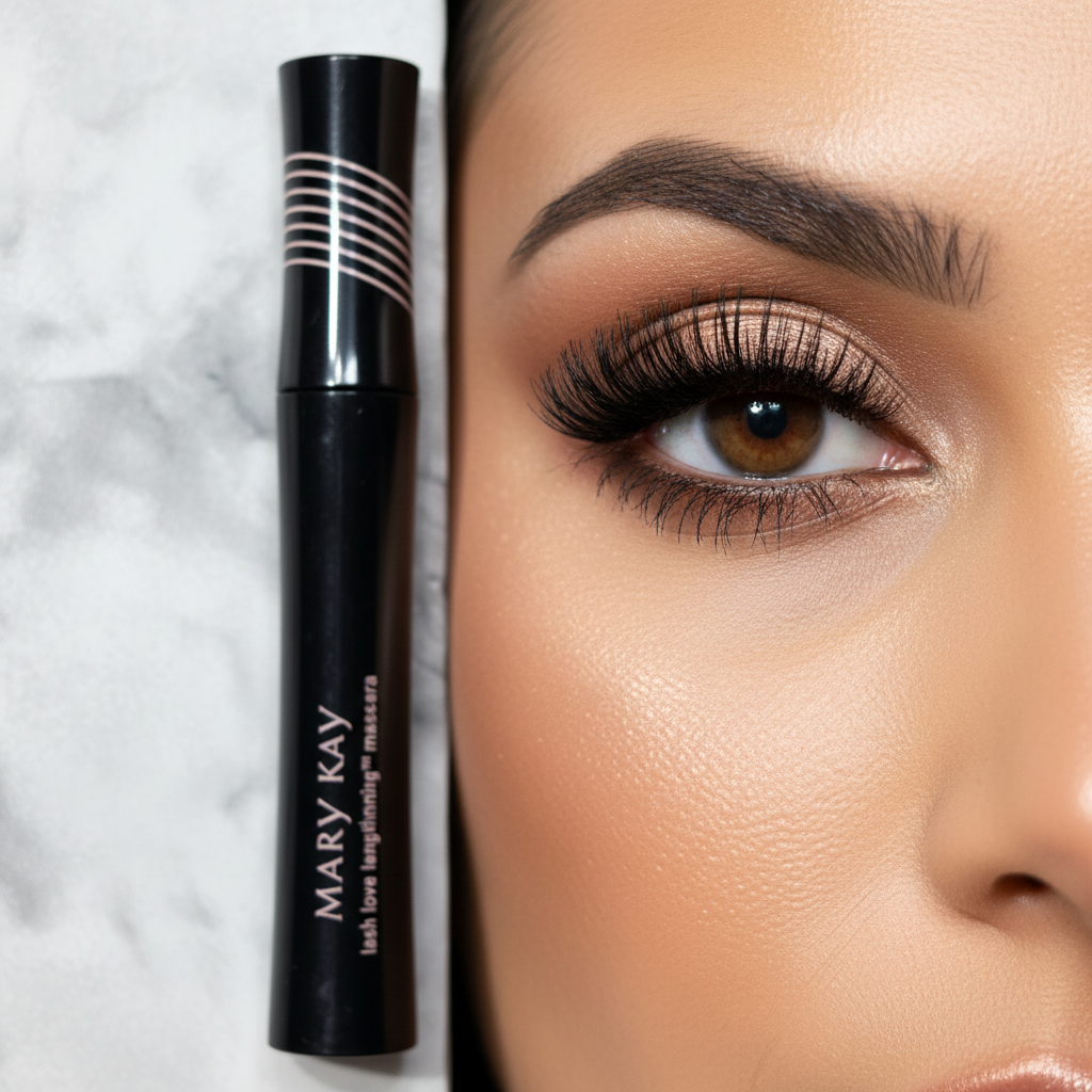 Lifestyle beauty scene showing beautifully lengthened, separated, and defined lashes with rich black mascara, with the Mary Kay Lash Love Lengthening Mascara glossy black tube with pink branding resting on a marble surface
