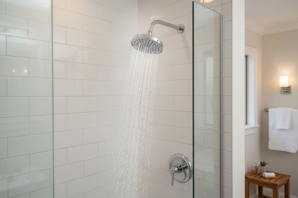 Moen Dartmoor polished chrome shower head in luxury modern bathroom with white subway tile