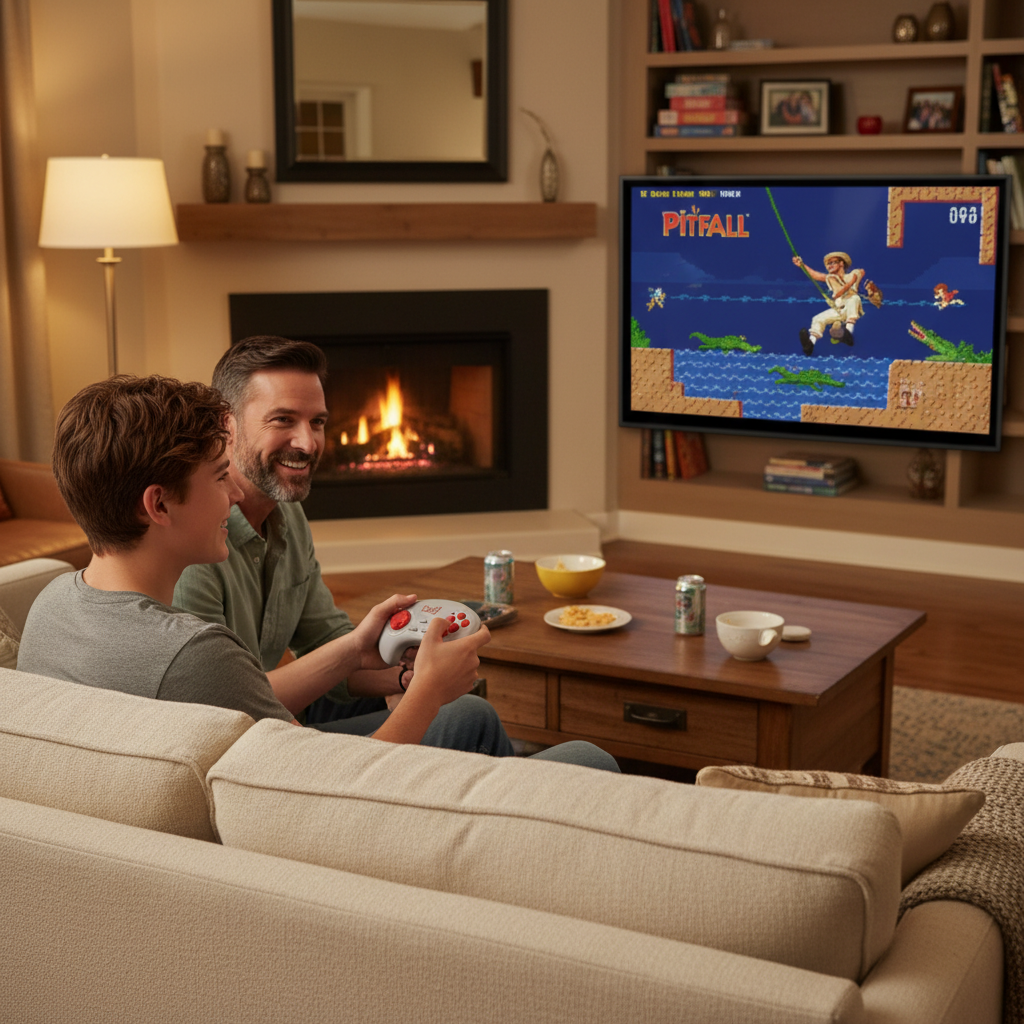 Father and son playing retro Activision games together on couch with wireless controller — More4less Outlet lifestyle image