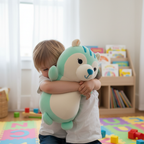 Child hugging Squishmallows Hug Mees Mint Squirrel Plush in bright cheerful playroom - More4less Outlet