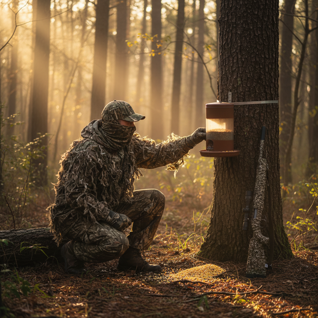 Hunter in camouflage gear crouching in a wooded forest at dawn checking a game feeder mounted on a tree
