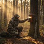 Hunter in camouflage gear crouching in a wooded forest at dawn checking a game feeder mounted on a tree