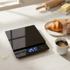 Lifestyle — black glass kitchen scale with bright LCD display on white counter beside croissant and coffee cup — morning baking lifestyle editorial for visual context only