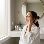 Woman applying a pore prep solution to her face with a cotton pad in a bright clean bathroom