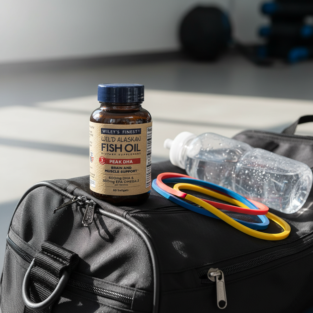 Wiley's Finest Wild Alaskan Fish Oil Peak DHA on gym bag with resistance bands - muscle recovery - More4less Outlet