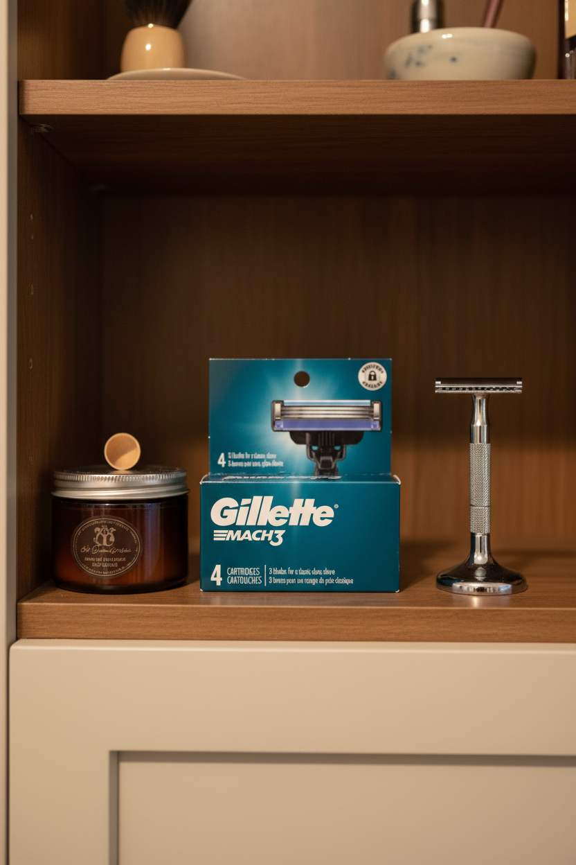 Gillette Mach3 4-pack razor refills on wooden shelf in grooming cabinet with shaving soap and chrome stand