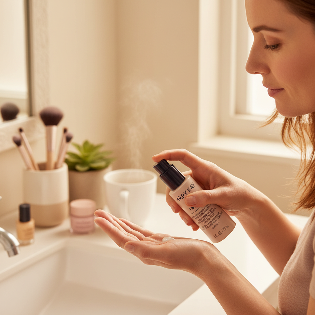 Woman at bathroom vanity pumping Mary Kay TimeWise Daytime Defender SPF 30 into hand during morning routine