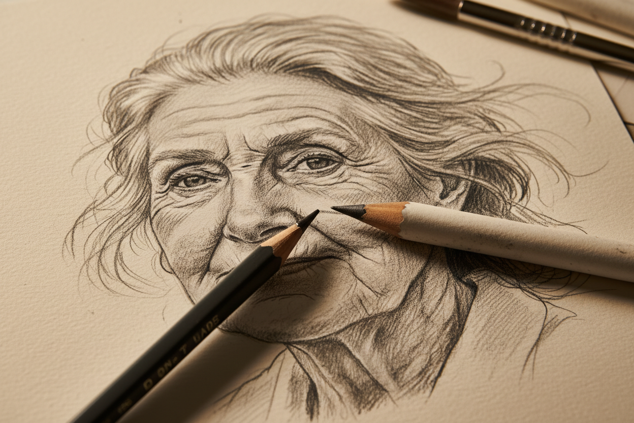 Close up pencil sketch portrait on mixed media paper — More4less Outlet