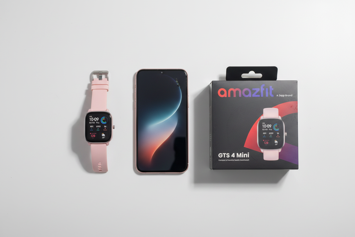 Amazfit GTS 4 Mini smartwatch Flamingo Pink on white desk flat lay with phone and retail box – More4less Outlet