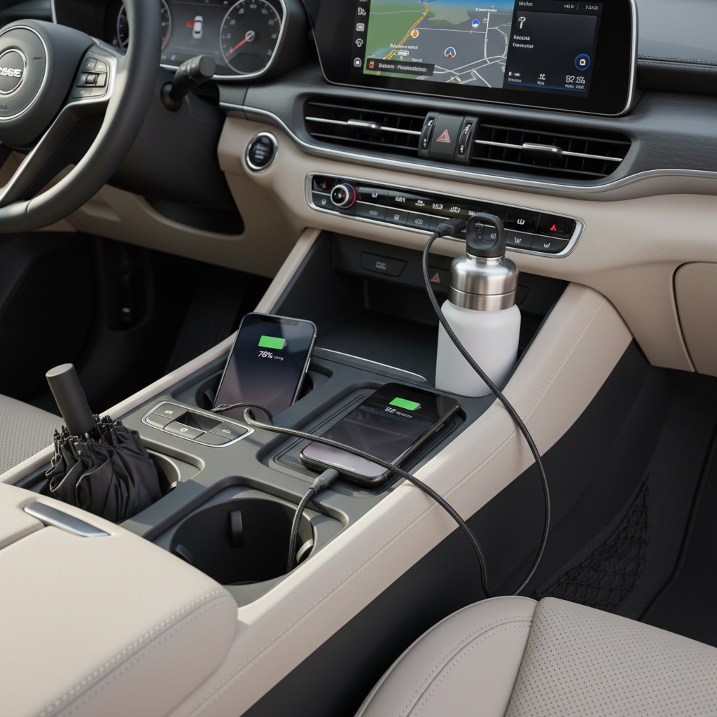 Two smartphones charging simultaneously via Case Logic Dual USB Car Charger on car center console — More4less Outlet