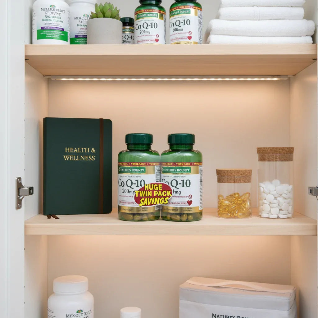 Nature's Bounty CoQ-10 200mg Twin Pack two green bottles alongside premium health journal and clear glass storage containers in white wood family health cabinet